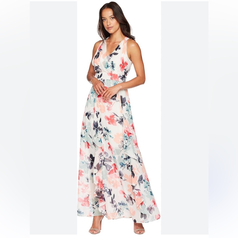 Vince Camuto Whimsical Pastel Floral Print Chiffon Sleeveless Maxi Dress sz6